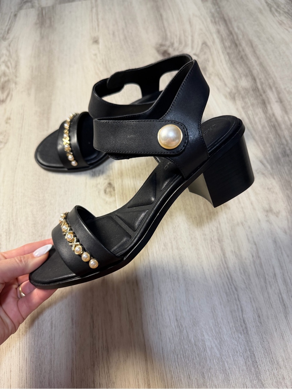 Karl Lagerfeld Black Pearl & Gold Accent Block Heel Sandals